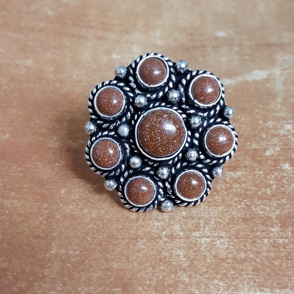 New Sunstone Sandstone Adjustable Silver Cocktail Ring. - Picture 4 of 8